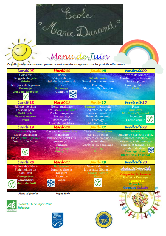 Menus juin 2023